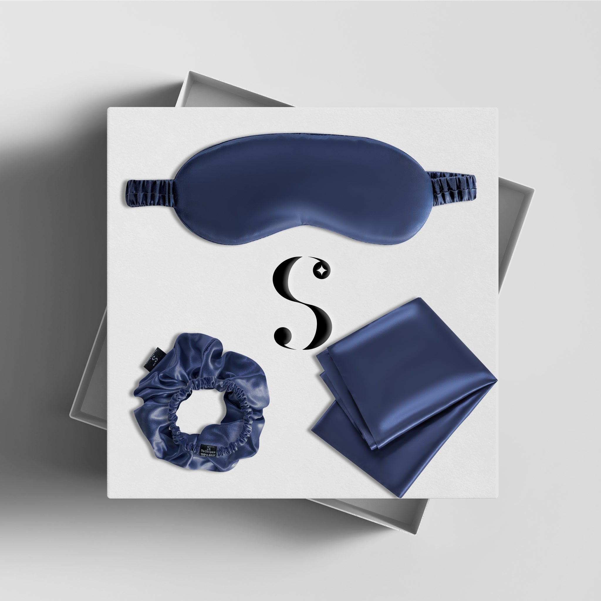 Navy Blue Silk Essentials Sleep Set with pillowcase, mask, scrunchies, earplugs and gift box